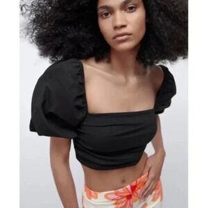 Zara Puff Sleeve Ribbed Crop Top Size M Black NEW